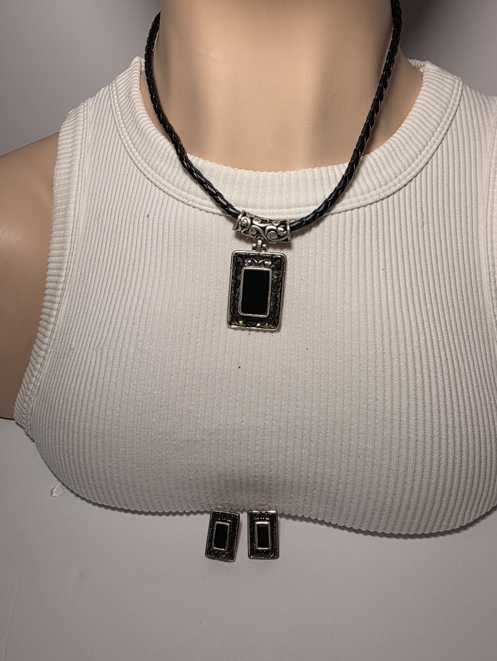 Black and Silver Rectangular Pendant Necklace and Earring Set